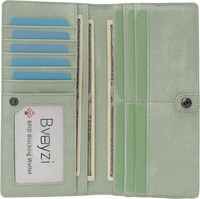 Bveyzi Ultra Slim Thin Leather RFID Blocking Credit Card Holder Bifold Clutch Wallets for Women