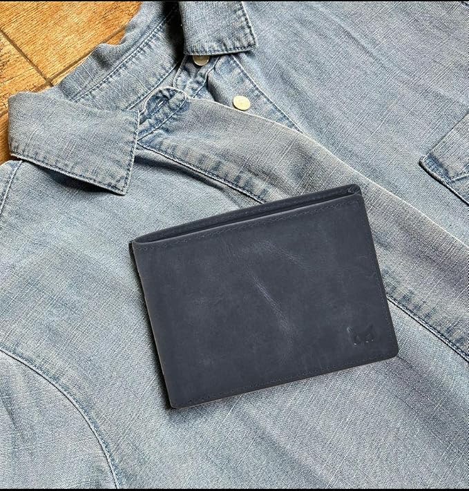 Real Leather Mens Bifold Wallet RFID Blocking Slim Minimalist Front Pocket - Thin & Stylish with ID Window in Gift Box (Crazy Horse, Navy)