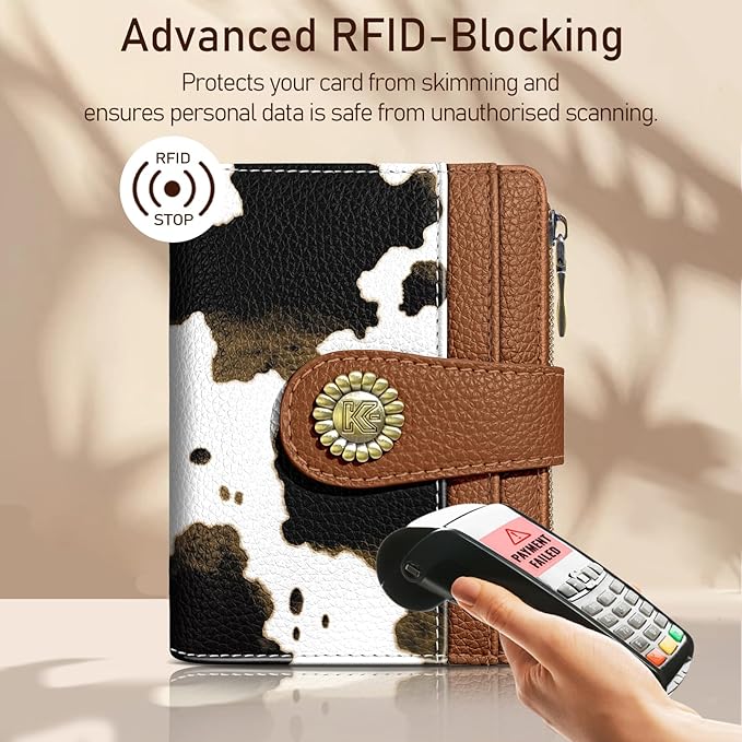 Kelvoris Cow Print Brown Small Rfid Women Wallet Bifold Zipper Coin Pocket PU Leather Compact Cash Credit Card Holder Travel Wallet for Female Ladies Teen Girls 1 ID Window 10 Card Slots