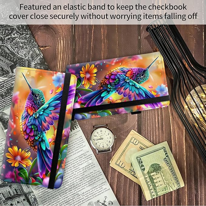 Leather Checkbook Covers for Men Women Check book Holder Cover Wallets for Personal Checkbook Duplicate Checks with RFID Blocking & Elastic Strap-Colorful Hummingbird with Flower