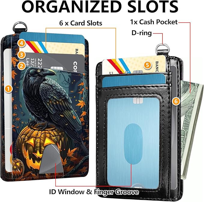 Slim RFID Blocking Card Holder Wallet with Wrist Strap - Minimalist Front Pocket Wallet, Crow Pumpkin Design, PU Leathe, for Men & Women, Ideal for Travel & Gifts