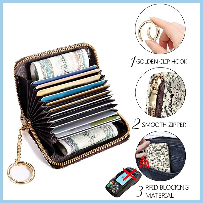Blusabaca Credit Card Holder for Women, Goth Small RFID Blocking Wallet with Wristlet Strap, Gothic Zipper Keychain Women Wallet, Leather Card Case Wallet Purse with Key Lanyard