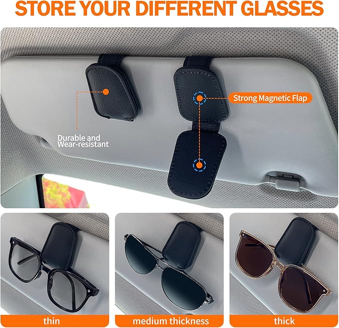 Shering Sunglasses Holders for Car Sun Visor, Magnetic Leather Glasses Eyeglass Hanger Clip for Car, Visor Sunglasses Holder Clip Car Accessories for Truck(4, Black)