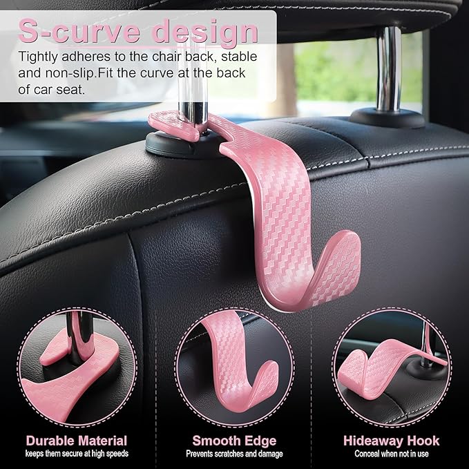 LivTee Car Purse Hook, Headrest Hook for Car, 4 Pack Universal Auto Car Seat Headrest Hook Hangers Organizer for Purse Coat Umbrellas Grocery Bags Handbag, Car Accessories - Carbon Fiber Pink