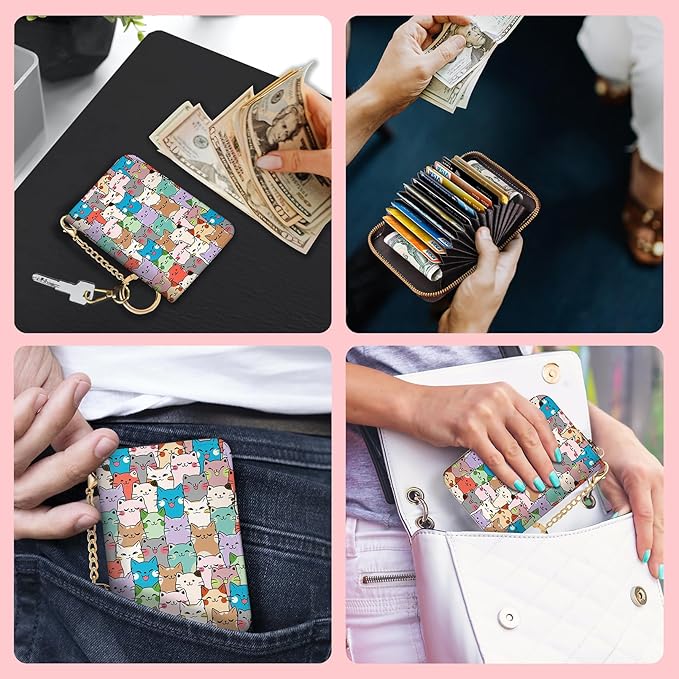 Blusabaca RFID Credit Card Holder Wallets for Women, Small Cat Card Case Wallet with Removable Keychain and Zipper, Leather Card Holder Pocket Business Card Accordion Wallet