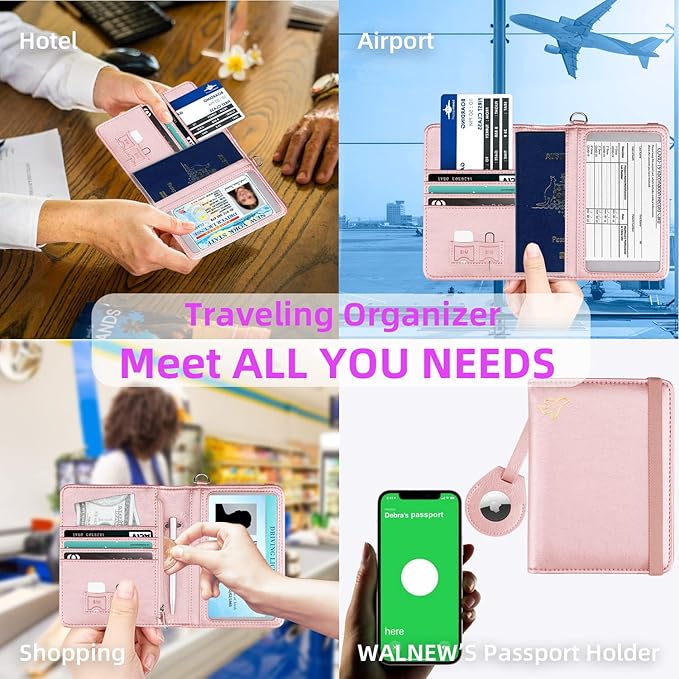 WALNEW AirTag Passport Holder, PU Leather Airtag Wallet RFID Blocking Passport Cover Travel Essentials Case for Women Men (Rosegold)