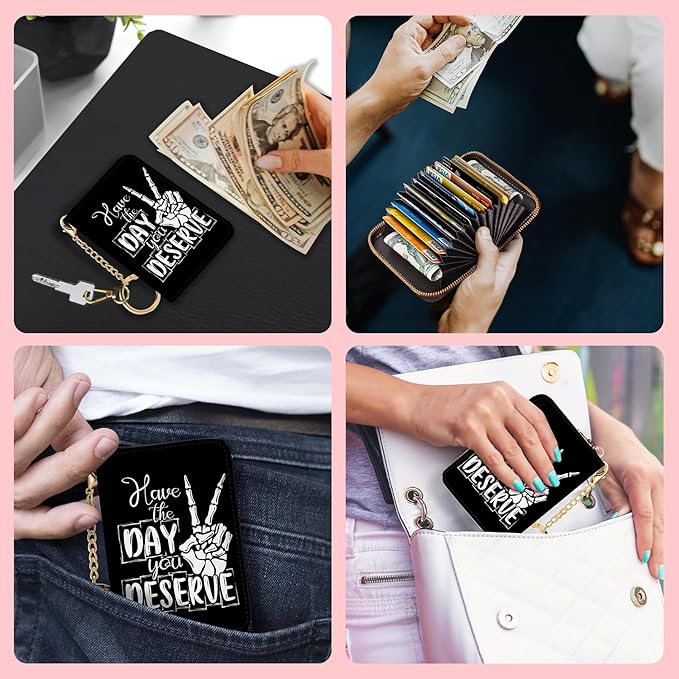 Blusabaca RFID Credit Card Holder Wallets for Women, Skull Skeleton Hand Peace Sign Small Card Case Wallet with Keychain and Zipper, Leather Card Holder Pocket Business Card Accordion Wallet