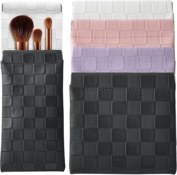 6 Pack 2 Sizes Small Makeup Bag for Purse, Checkered Snap Closure Pouches for Purse, PU Leather Coin Purse for Women, Mini Travel Organizer for Cosmetics Sunglasses Cash Lip Gloss Lipstick