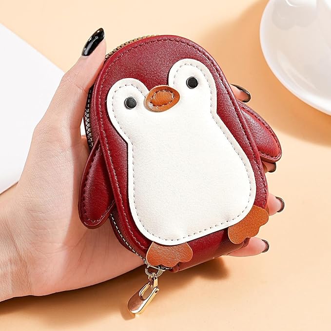 Cute Cartoon Penguin-shaped Coin Purse PU Leather Accordion Card Holder Large Capacity Zippered Money and Card Organizer Portable Mini Coin Purse (2-pack black + red)