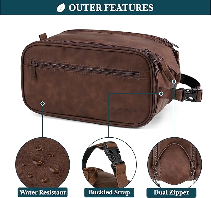 PAVILIA Toiletry Bag for Men, Hanging Travel Dopp Kit Organizer, PU Leather Water Resistant Bathroom Bag for Shaving Grooming, Large Capacity Cosmetic Bag Travel Essentials, Dark Brown