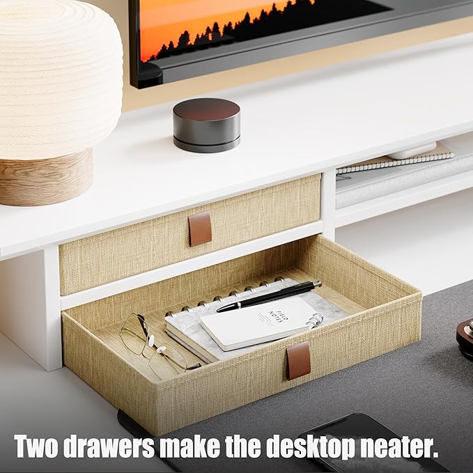 FENSULN Dual?‘Tier Monitor Stand Riser with Drawers, Desktop Organizer Shelf Storage for Computer Screen 2 Monitors, Supports for PC Computer Monitor, Printer, Heavy TV Riser White