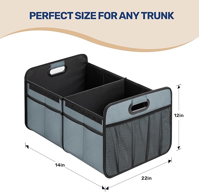 YSSOA Car Trunk Organizer with Lid, Collapsible 2 Compartment Automotive Storage Box, 600D Waterproof Oxford Polyester 50L Travel Accessories, Anti-slip & Leak-proof, Grey-Green