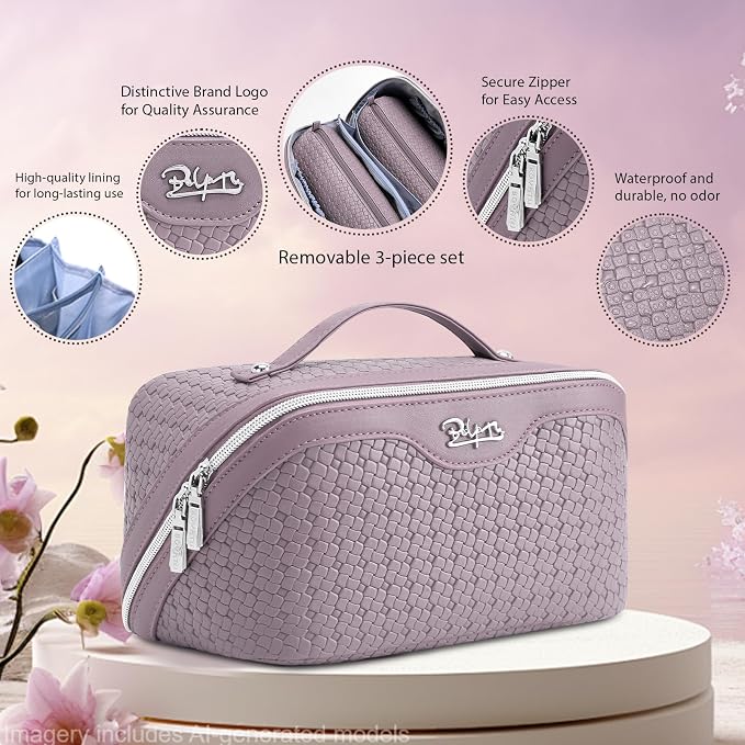BOYATU Travel Makeup Bag Cosmetic Bags for Women: Large Capacity 3 Pcs Set Make up Bag with Compartments - Waterproof Vegan Leather Toiletry Organizer Bags with Handle (L55Light Purple)