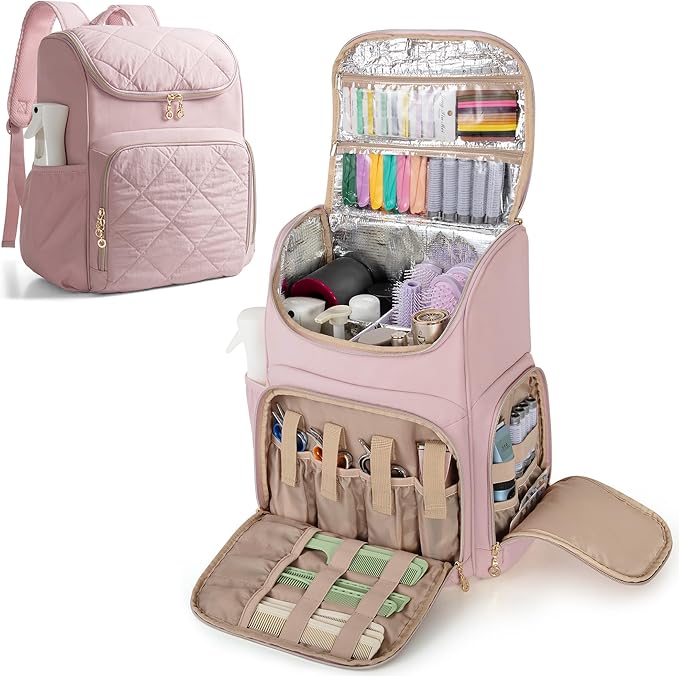Marscamd Insulated Hairstylist Travel Bag Backpack with Detachable Dividers and Multiple Pockets, Quilted Hair Tool Travel Bag with Multiple Pockets for Hairstylist and Barber, Pink