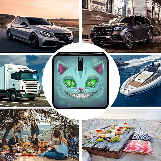 Cheshire Cat Green Eye Car Trash Can Foldable Hanging Car Trash Bag BinFantasy Scary Laugh Cat Auto Garbage Can Leak-Proof Car Organizer(Large)