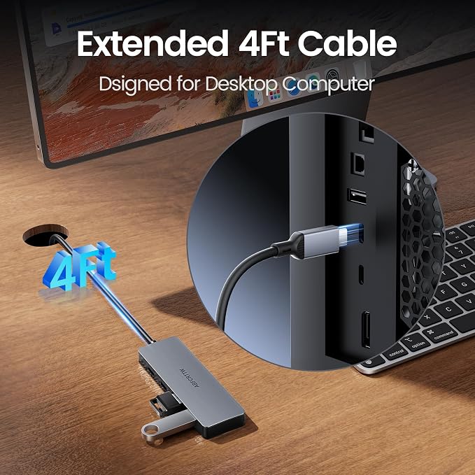 4FT USB C Hub 3.2 Multiport Adapter, 10Gbps Aluminium USB C to USB Hub with 2 USB-A & 2 Type-C Port, USB C Splitter for Thunderbolt, MacBook, Mac mini, Laptop, Desktop, etc.