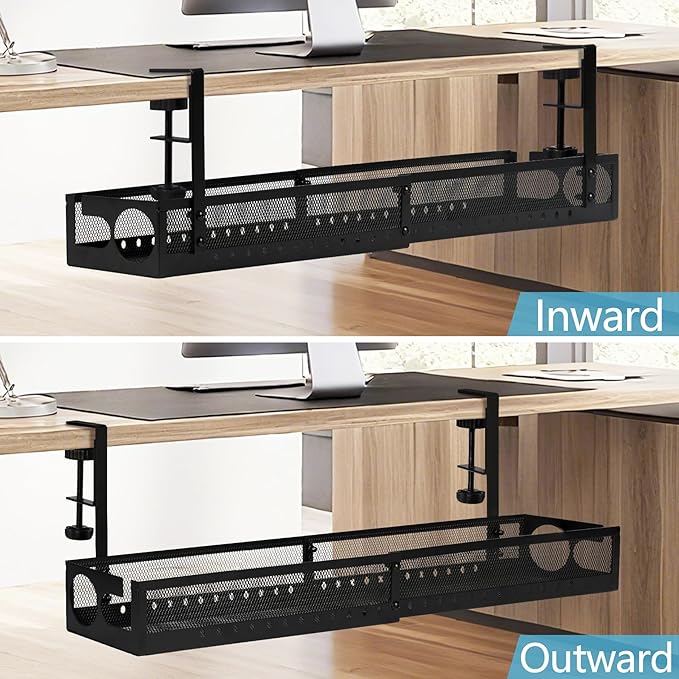 Under Desk Cable Management Tray No Drill - 25'' Large Metal Mesh Cord Organizer with Clamp Mount 2 Hole Cable Organizer Tray with Wire Management for Home Office Standing Desk