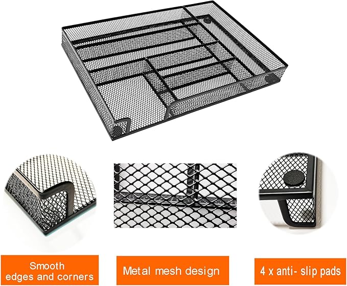 Metal Mesh Desk Drawer Organizer Tray, 6-Compartment Office Drawer Organizer for Pens Supplies, 12.6"x8.27"x1.57" Black