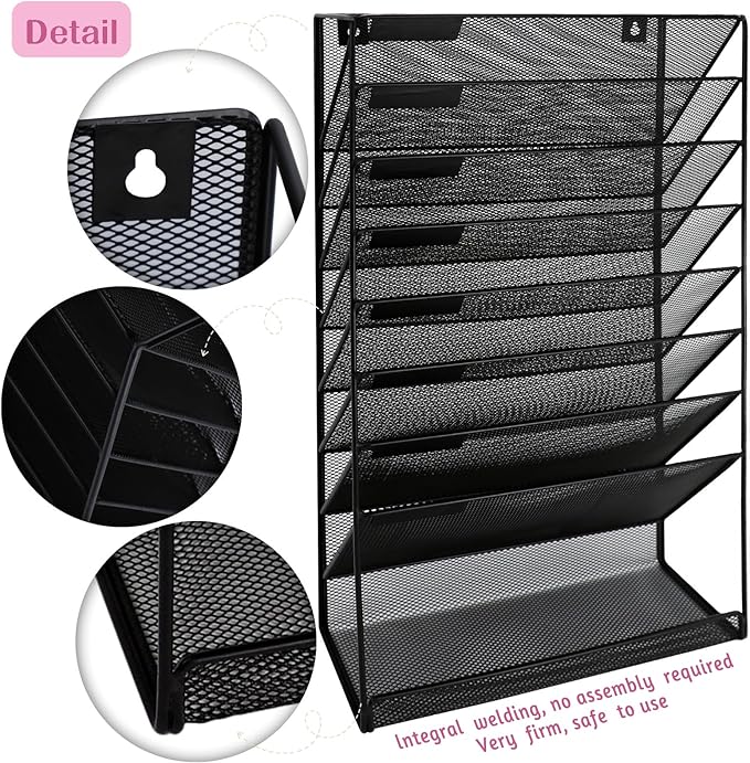 8 Pockets Mesh Wall File Holder Organizer with Bottom Flat Tray, Office Hanging File Folder Magazine Rack, Nametag Label Hooks Set Included, Black