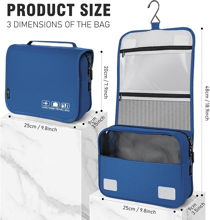 Hanging Travel Toiletry Bag, Portable Travel Cosmetic Organizer Bag for Women Men, Waterproof Toiletries Wash Bag with 4 Compartments & Hanging Hook (Dark Blue)