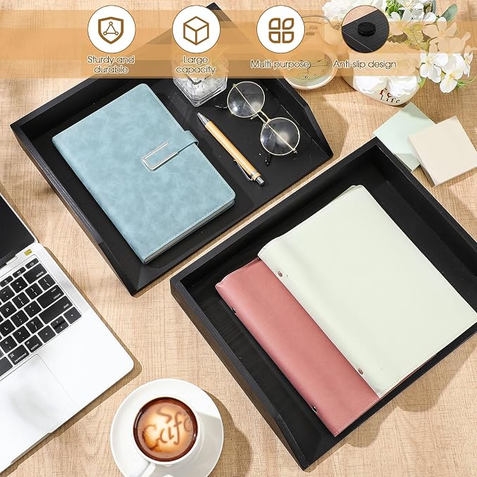 Beeveer 2 Pcs Black Wood Letter Tray Wooden Desk Paper Organizer 2 Tier Stackable Load Documents Desktop Tray Drawer File Folder Magazine Office Accessories for Home Office Back to School