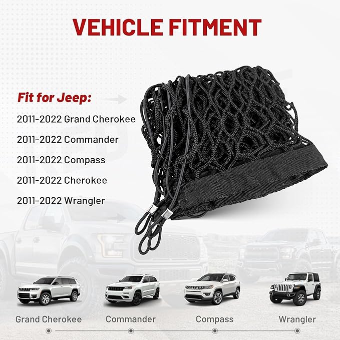 RED WOLF Envelope Style Cargo Net for 2011-2022 Jeep Grand Cherokee Wrangler Commander TJ TL Compass Trunk Bed Grocery Net Elastic Mesh Organizer Storage Net SUV Rear Tailgate Netting 43.3" x 15.7"