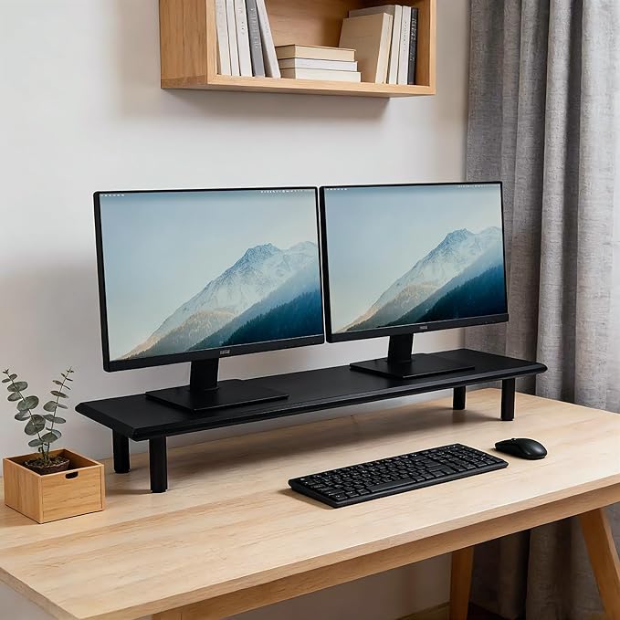 Bamboo Dual Monitor Stand Riser with Underneath Storage, Ergonomic Desk Shelf Supports PC Computer Monitor, Printer, TV for Home, Office, Black