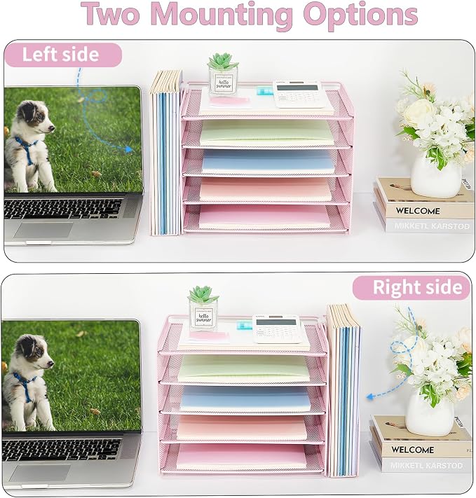 OPNICE Desk Organizer, 5-Tier Paper Organizer Letter Tray with Magazine Holder, Office Desk Accessories & Workspace Organizers, Desktop File Organizer for Office Supplies Storage, Pink