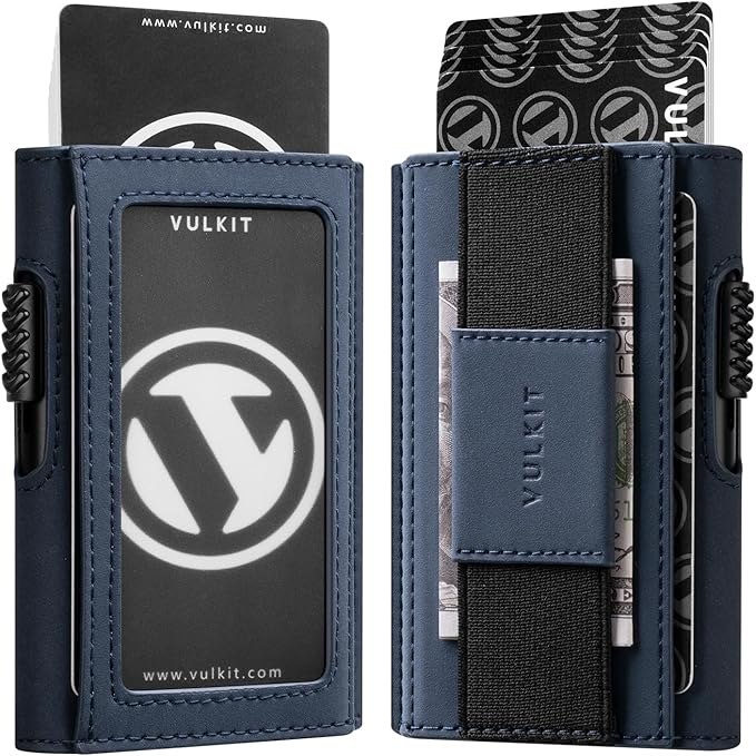 VULKIT Mens Minimalist Wallet for Max. 8 Cards with Pop-Up Credit Card Ejector RFID Blocking, ID Window and Elastic Strap for Bills or Keyring, Gift Box Packed, Blue