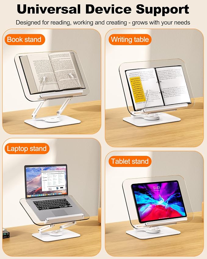 Acrylic Book Stand for Reading, Adjustable Book Holder with 360° Rotating Base & Elastic Page Clips, Foldable Desktop Riser Stand for Cookbook,Laptop,Tablet,Music Scores,Recipe,Textbook (White, 11.8")