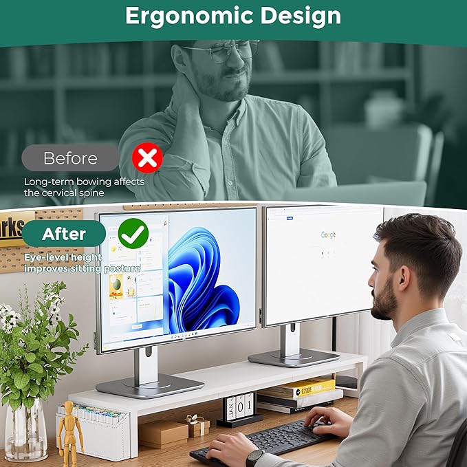 Dual Monitor Stand Riser, 41.5'' Extra Long Wood Monitor Stand Desktop Organizer with Side Pocket, Ergonomic Monitor Riser Supports 2 Monitors,TV,Laptop,Printer for Home Office, White