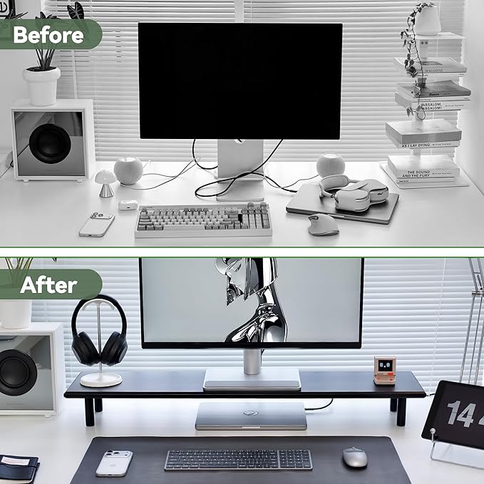 Bamboo Dual Monitor Stand Riser with Underneath Storage, Ergonomic Desk Shelf Supports PC Computer Monitor, Printer, TV for Home, Office, Black