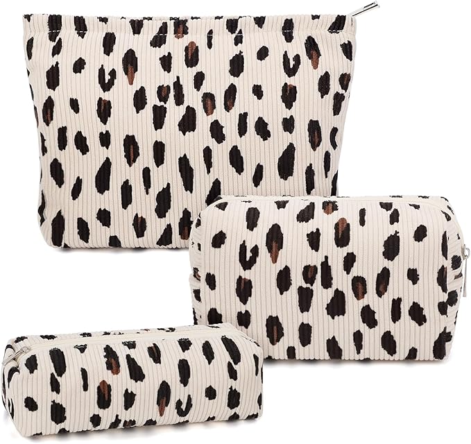 3 Pcs Makeup Bag Cosmetic Bag Set for Girls Women Travel Organizer Bathroom Toiletry Pouch Large Capacity Storage Bag (Leopard Beige)