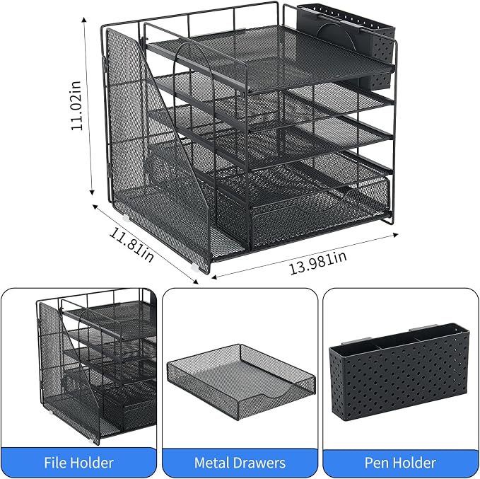 Desk Organizer with Drawer and Pen Holder, 5-Tier Paper Letter Tray Organizer with File Holder, Suitable for Workspace Organizer Office Supplies Storage (Black)