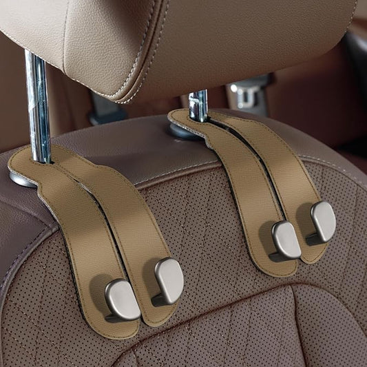 CoBak Purse Hook for Car - Universal Premium Stitched Leather and Aluminum-Magnesium Alloy Double Car Seat Back Storage Hook for Purses, Handbags, Bags (2 Pack),Khaki Beige