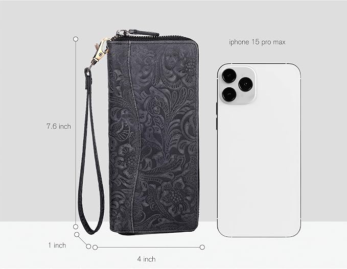 Oak Leathers Leather Wallet for Women - RFID Womens Wallet Clutch with 8 Credit Card Holder, Coin Pocket, Gift for Women’s, Ladies Purse (Hunter Embossed Black)
