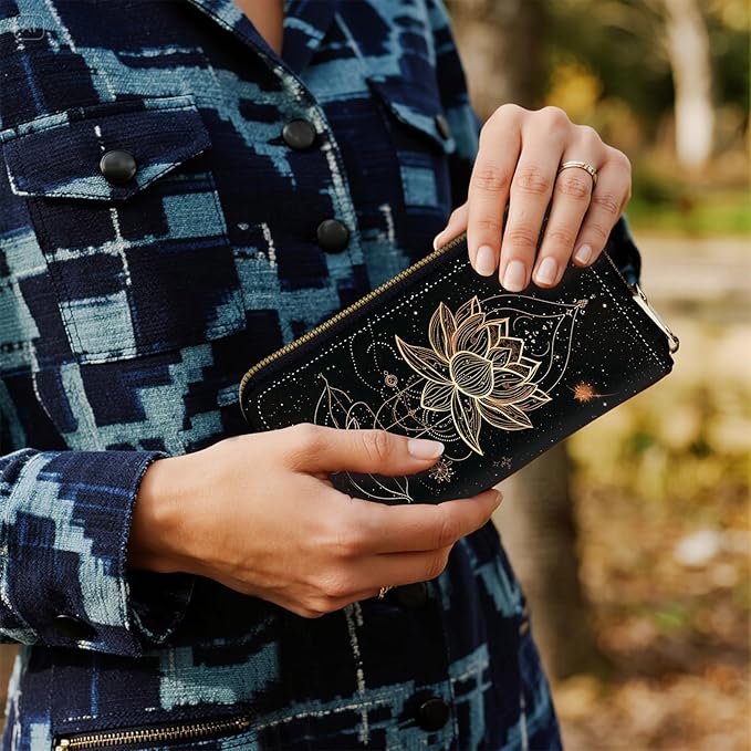Women's RFID Blocking Zip Around Wallet with Detachable Wrist Strap, Large Capacity Credit Card Holder Organizer for Everyday Use,Magic Lotus Floral