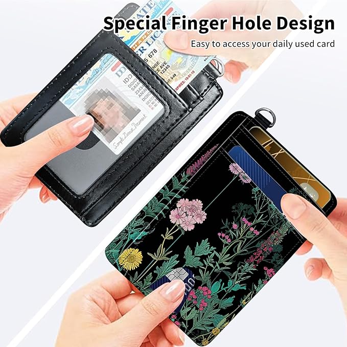 Slim Minimalist Front Pocket Wallet,Credit Card Holder Wallet for Women Men,RFID Blocking Credit Card Holder Case Leather Cute Small Thin Wallet ID Window&Wrist Strap,Floral Palnt