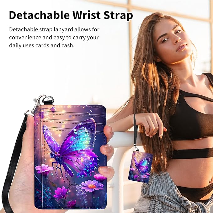 Slim Minimalist Front Pocket Wallet,Credit Card Holder Wallet for Women Men,RFID Blocking Credit Card Holder Case Leather Cute Small Thin Wallet ID Window&Wrist Strap,Purple Glitter Butterfly