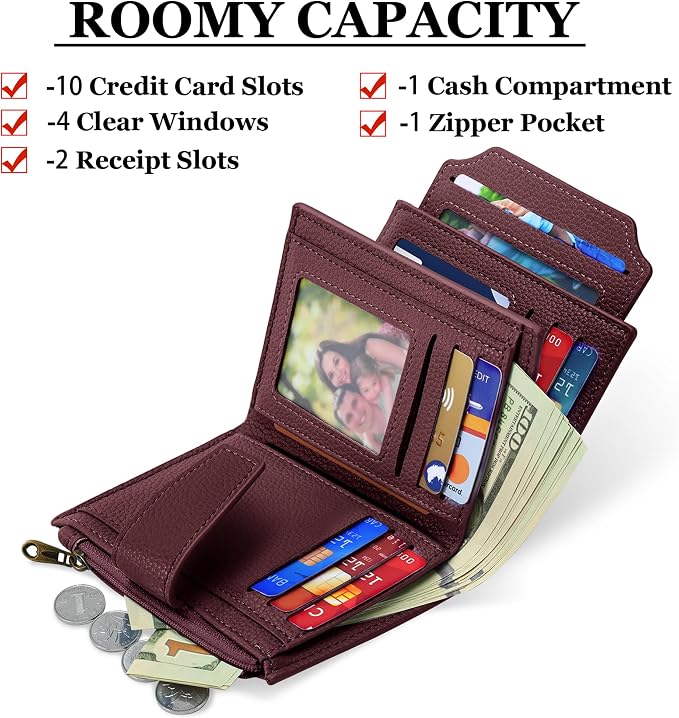 Airkit Small Wallet Women RFID Blocking Soft Leather Bifold Compact Card Holder Wallet for Women with Zipper Coin Pocket 4 ID Window