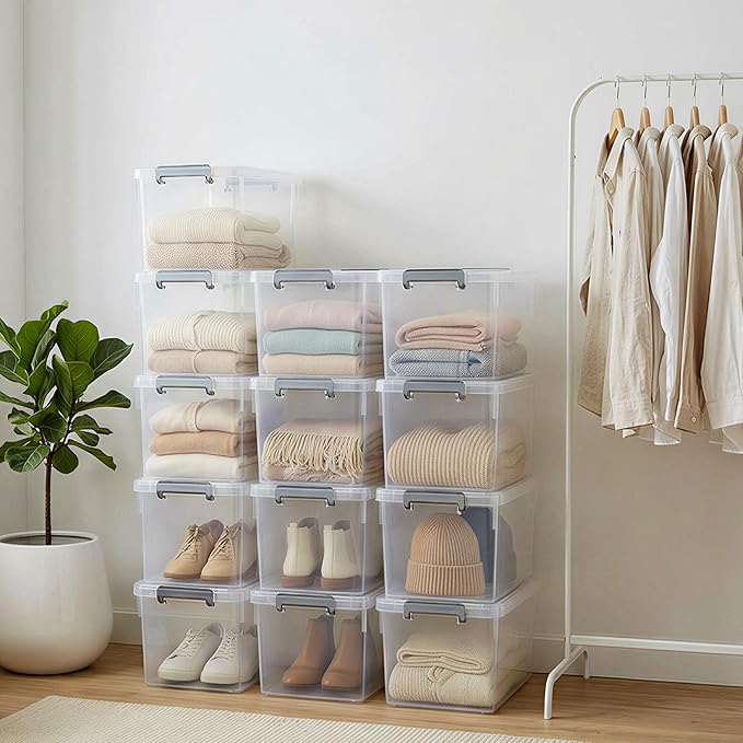 Citylife 22.2 QT 6 Packs Plastic Storage Bins with Lids and Secure Latching Buckles Clear Stackable Storage Containers for Organizing Durable Storage Box