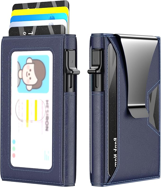 Wallet for Men Slim Minimalist Pop-up Smart Holds 5-6 Cards - RFID Blocking Metal with Money Clip, Credit Card Holder & ID Window, men accessories(3.94x2.56x0.59in) (Blue)