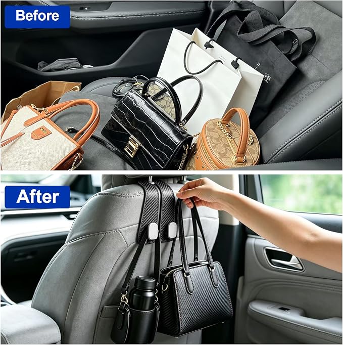 4 Pack Leather Purse Hook for Car, Car Seat Hooks for Headrest, Car Seat Back Storage Hook for Purses and Bags, Universal Back Seat Holder for Grocery Bag, Black