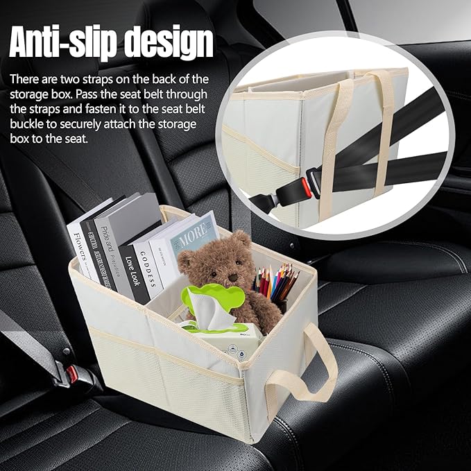 Hovom Car Organizer, Automotive Passenger Seat Organizer, Car Caddy with Multiple Compartments & Pockets, Collapsible Small Vehicle Storage Organizers for Front and Back Seat, Trunk, Floor (Beige)