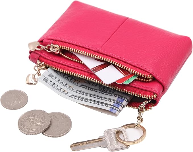 ZOOEASS Women Genuine Leather Zip Mini Coin Purse With Key Ring Triple Zipper Card Holder Wallet