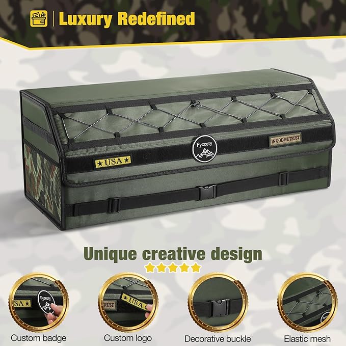 Fyzeoty Car Organizers and Storage - Trunk Organizer for Suv Car,Car Trunk Oxford Fabric Storage Box,Extra Large,Customizable Tactical Lid,Collapsible and Adjustable Tactical-Green
