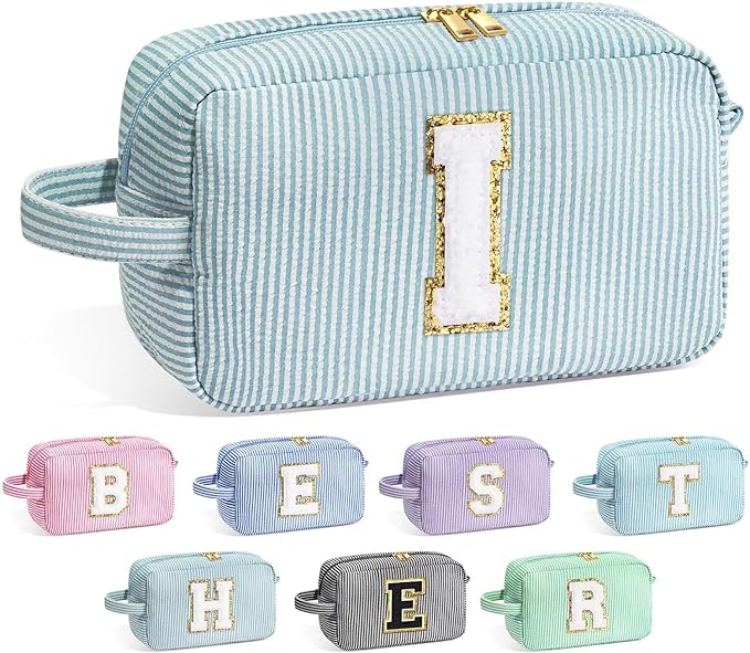 YOOLIFE Initial Cosmetic Bag for Women - Monogram Cute Makeup Bag Cosmetic Case Toiletry Pouch for Women Her Best Friend Sister Teacher, Personalized Birthday Gifts for Women, Green I