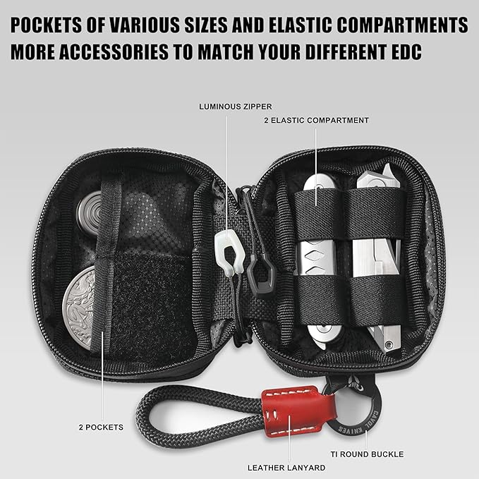EDC Pouch,Nylon Pocket Organizer for 4.21" Folding Knife Sheath,Small Organizer Pouch Multitool Bags,GITD Drawstring and Titanium Keychain Accessories (patch not included)(Black)