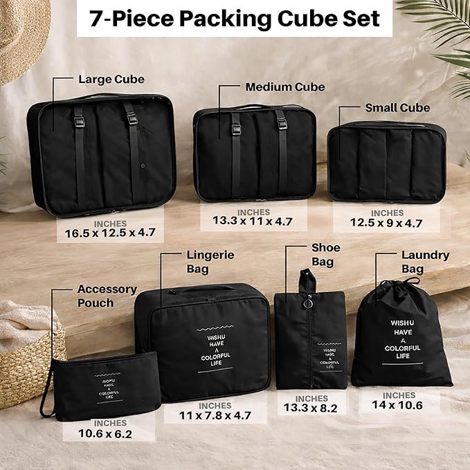 7 Set Packing Cubes For Travel | Luggage Organizer Bags With Shoe, Laundry Bag, Accessory Pouch And Lingerie Bag | Durable And Space Saving Suitcase Organizer For Travel Essentials | Black