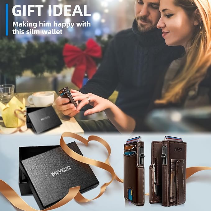 miyozi Wallet for Men with Money Clip Coins Pocket ID Window Gift Boxed,Slim Smart Front Pocket RFID Blocking Wallet Pop-up Card Holder in Magnetic Leather Flip 3.9"x 2.7"